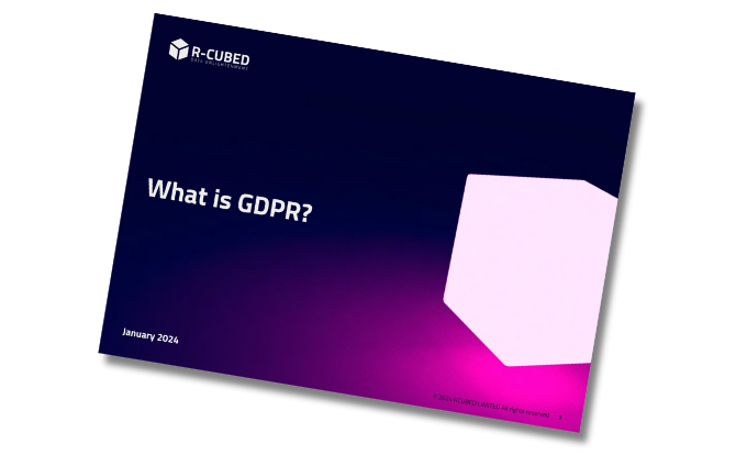 Pink glowing cube on angled booklet with drop shadow - GDPR
