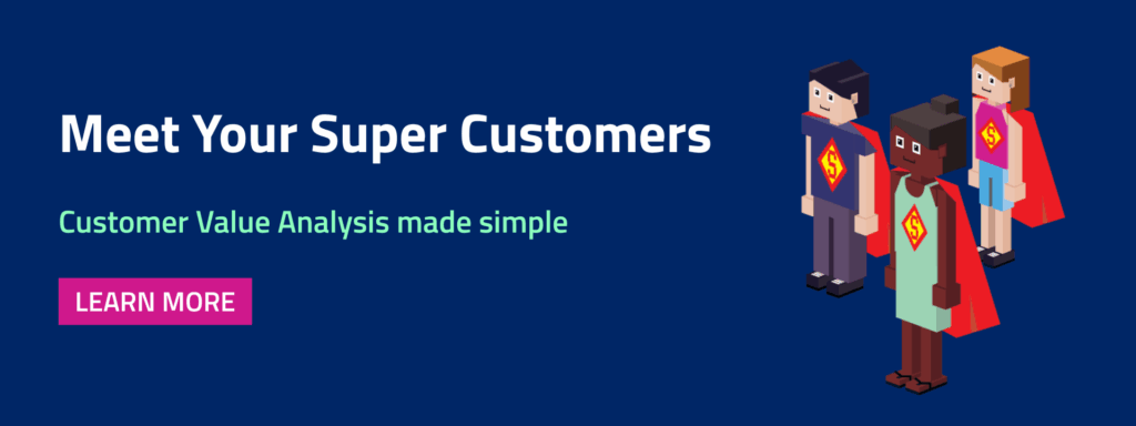 Cartoon super people with C on chest. Pink box 'LEARN MORE'. Main text 'Meet Your Super Customers'