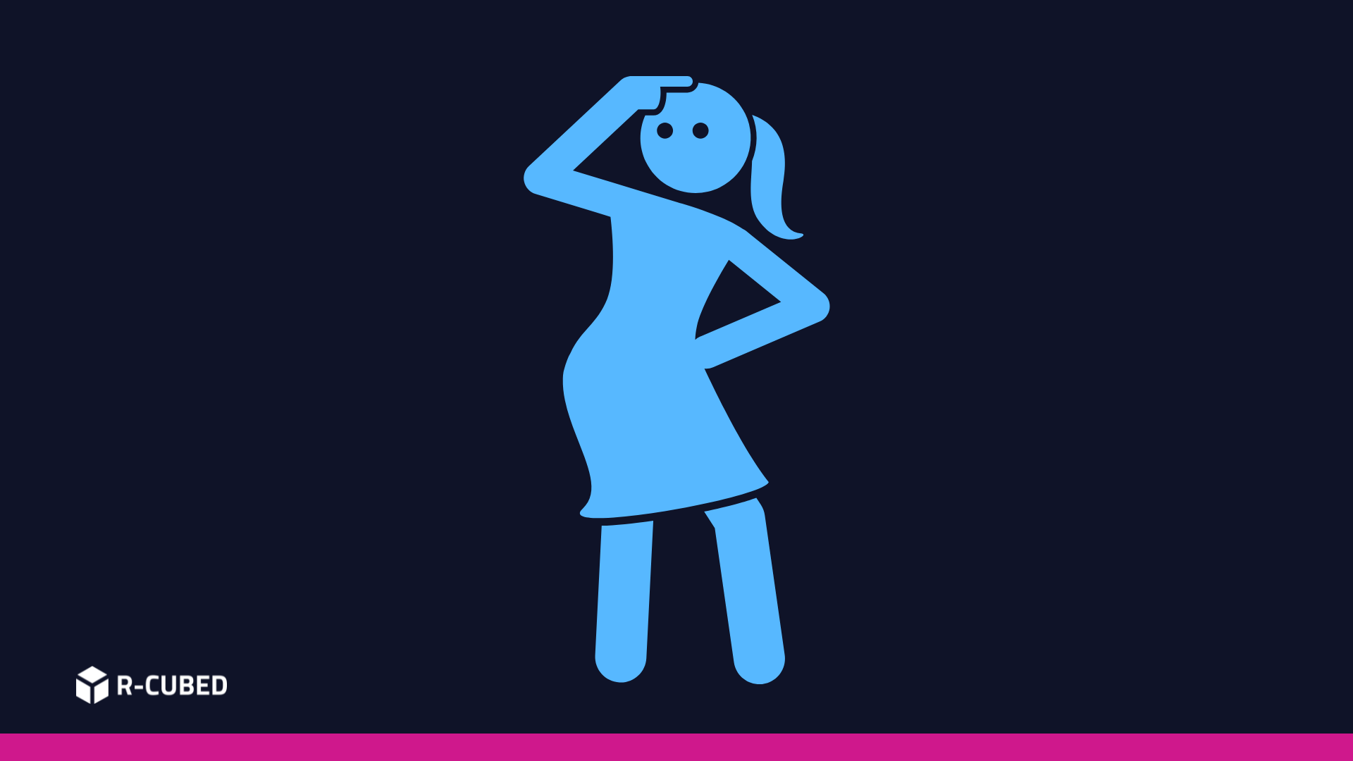 Light blue icon of woman looking on black background, white R-cubed logo in bottom left