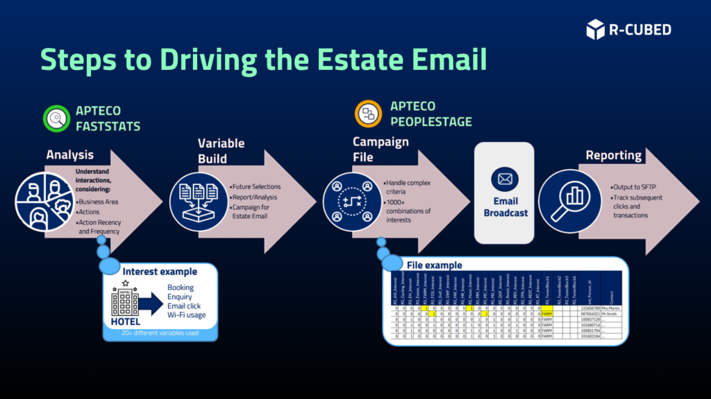 4 large white arrows with text inside. Title reads Steps to Driving the Estate Email, each arrow has a title, arrow titles read Analysis, Variable Build, Campaign File, Reporting.