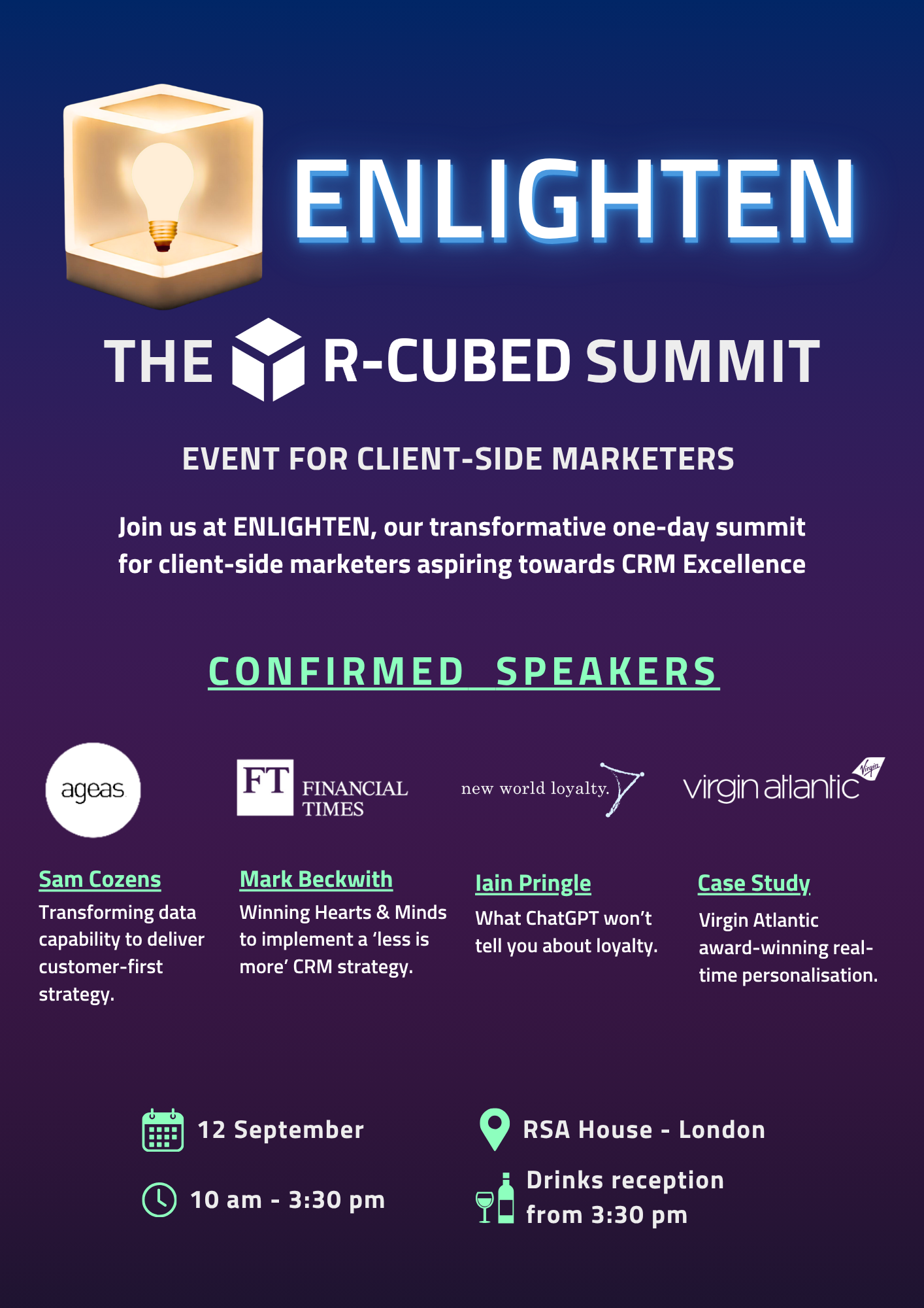 Glowing cube with lightbulb, Ageas logo, Financial Times UK logo, FT.com logo, Virgin Atlantic logo, New World Loyalty logo