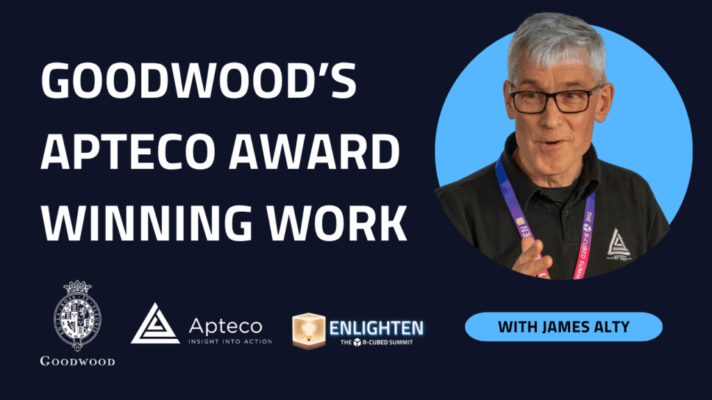James Alty headshot from Enlighten Marketing Summit. "Goodwood's Apteco Award Winning Work". Goodwood Estate logo white, Apteco logo white, Enlighten Marketing Summit logo