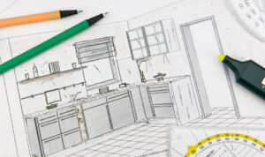Kitchen sketch with pens and highlights beside it